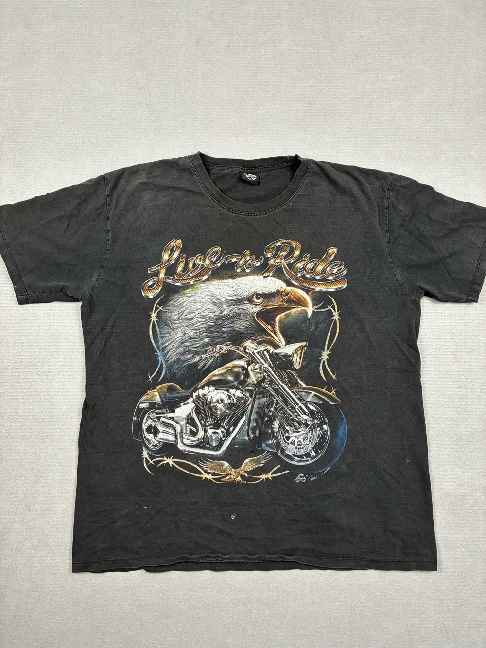 VTG Biker Oversize Live to Ride Eagle Motorcycle Graphic Tee - Black 2XL